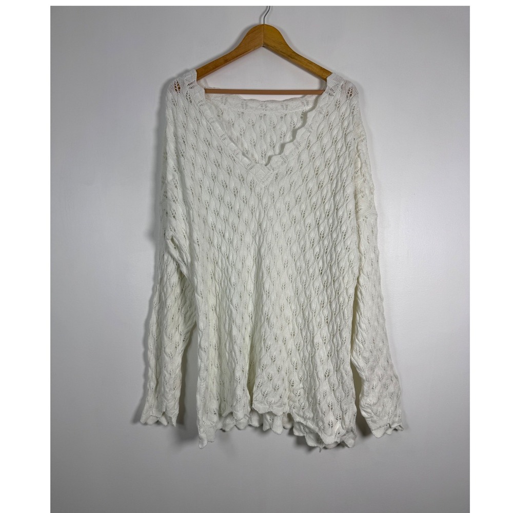 Cottagecore Boho Unbranded Women 3X Sweater White Pointelle Knit Scalloped Leaf